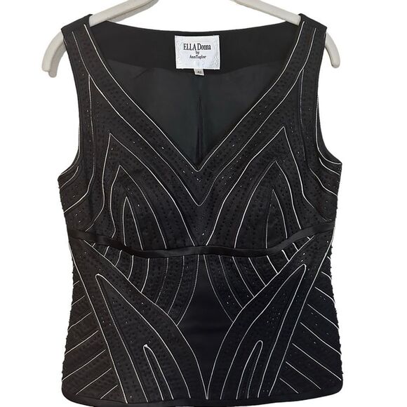 Ella Donna by Ann Taylor Black & White Beaded Sleeveless Blouse‎ 42 Euro Formal - Picture 2 of 10